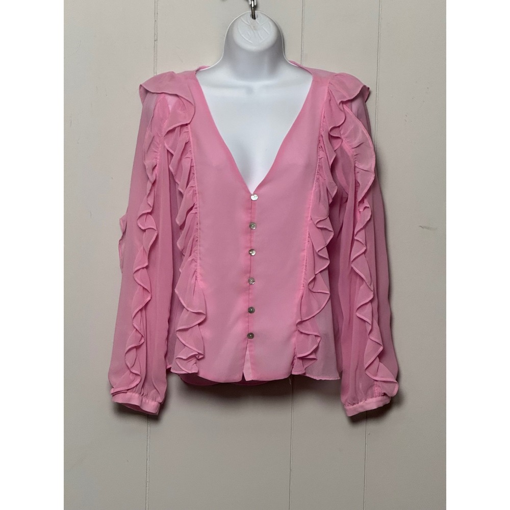 Zara Pink Ruffle Trim V-Neck Button Down Blouse Long Sleeve Sheer Top Sz Medium